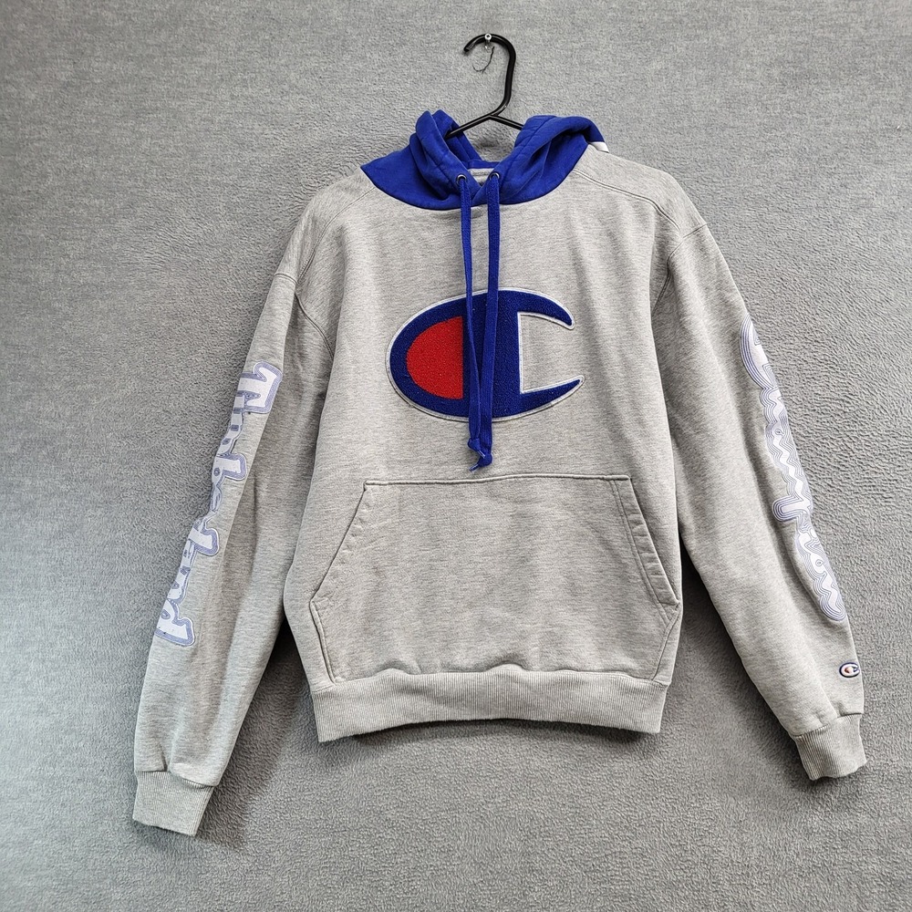 Champion Men Sweatshirt Small Gray‎ Hoodie Logo Patch Pullover